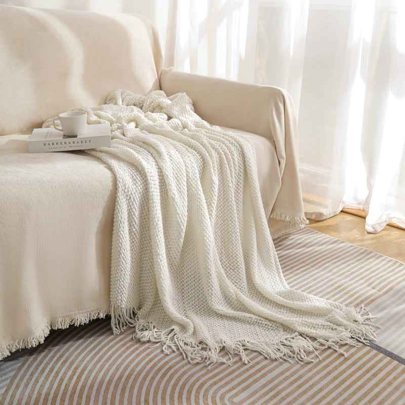 Beige Premium Woven Knitted Throw Blanket with Tassels | Soft, Cozy Sofa & Bed Blanket, Perfect for Office or Afternoon