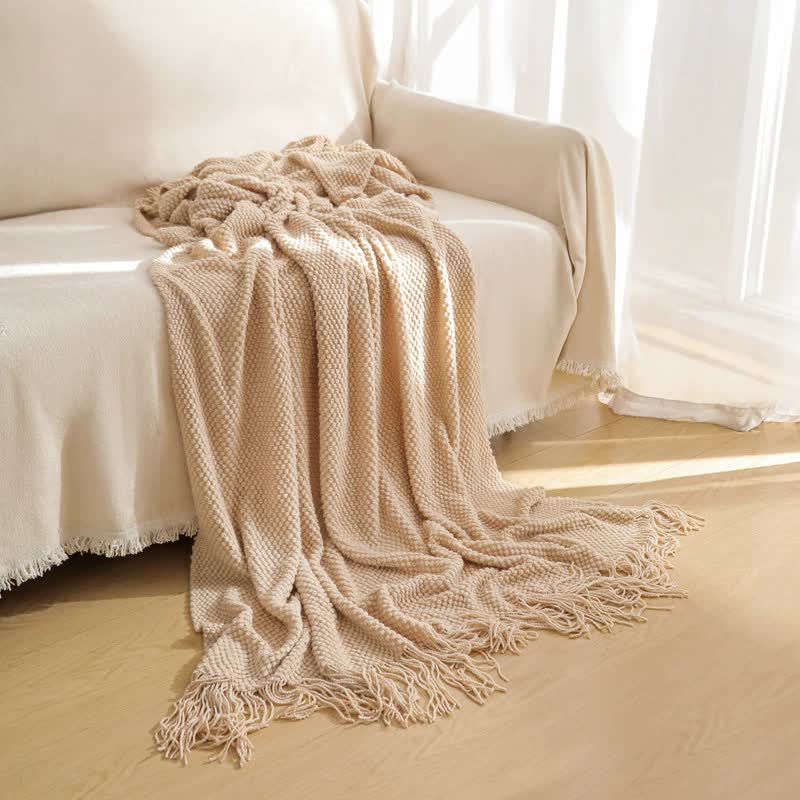 Khaki Premium Woven Knitted Throw Blanket with Tassels | Soft, Cozy Sofa & Bed Blanket, Perfect for Office or Afternoon