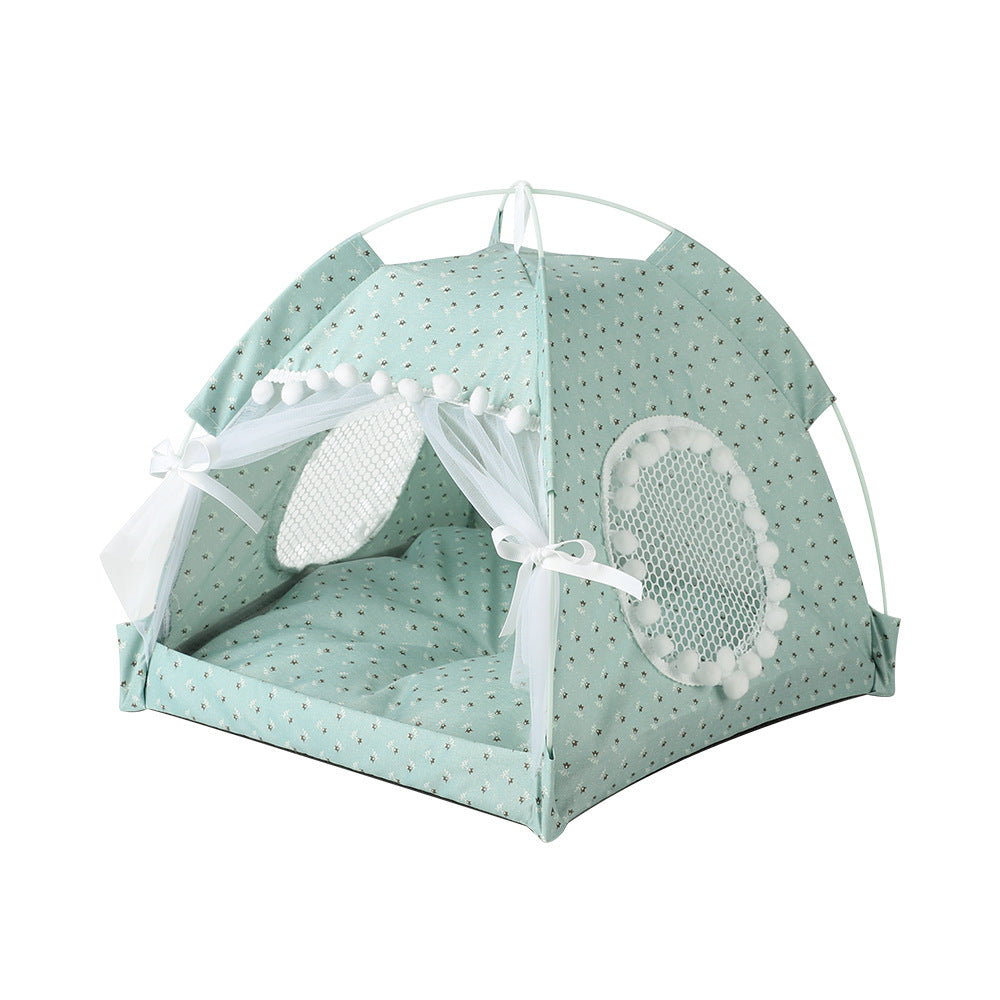 Green floral Portable Folding Pet Tent - Summer Cat & Dog Shelter with Mesh Window, Lightweight and Breathable, Ideal fo