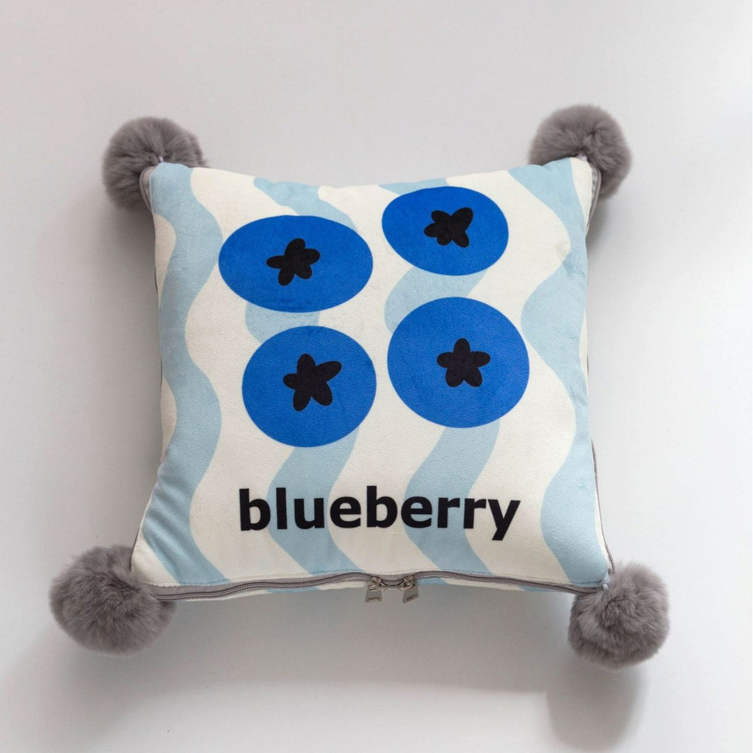 Blue Blueberry Pattern Premium Plush Throw Pillow Blanket Combo - Versatile Sofa Cushion for Home and Car Use, Ideal for