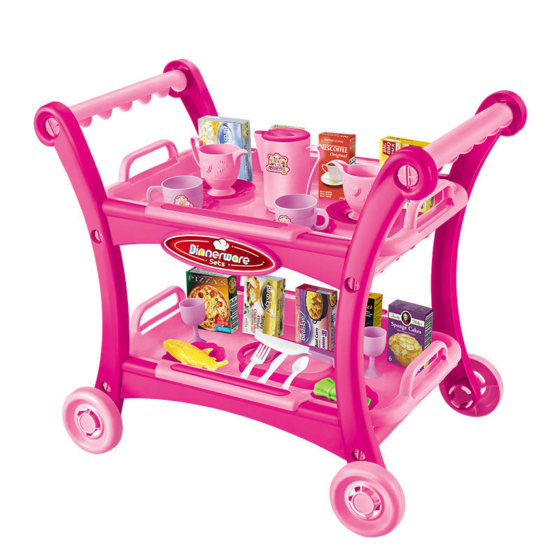 Pink Children's Pretend Play Kitchen Cart Set with Toys - Roleplay Cooking Set with Accessories - Educational Toy for Ki