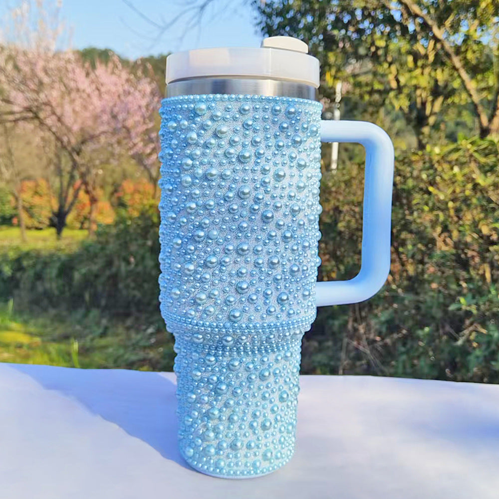 Blue 40oz Pearl-Drill Insulated 304 Stainless Steel Tumbler - Stylish Handle & Car-Friendly Design