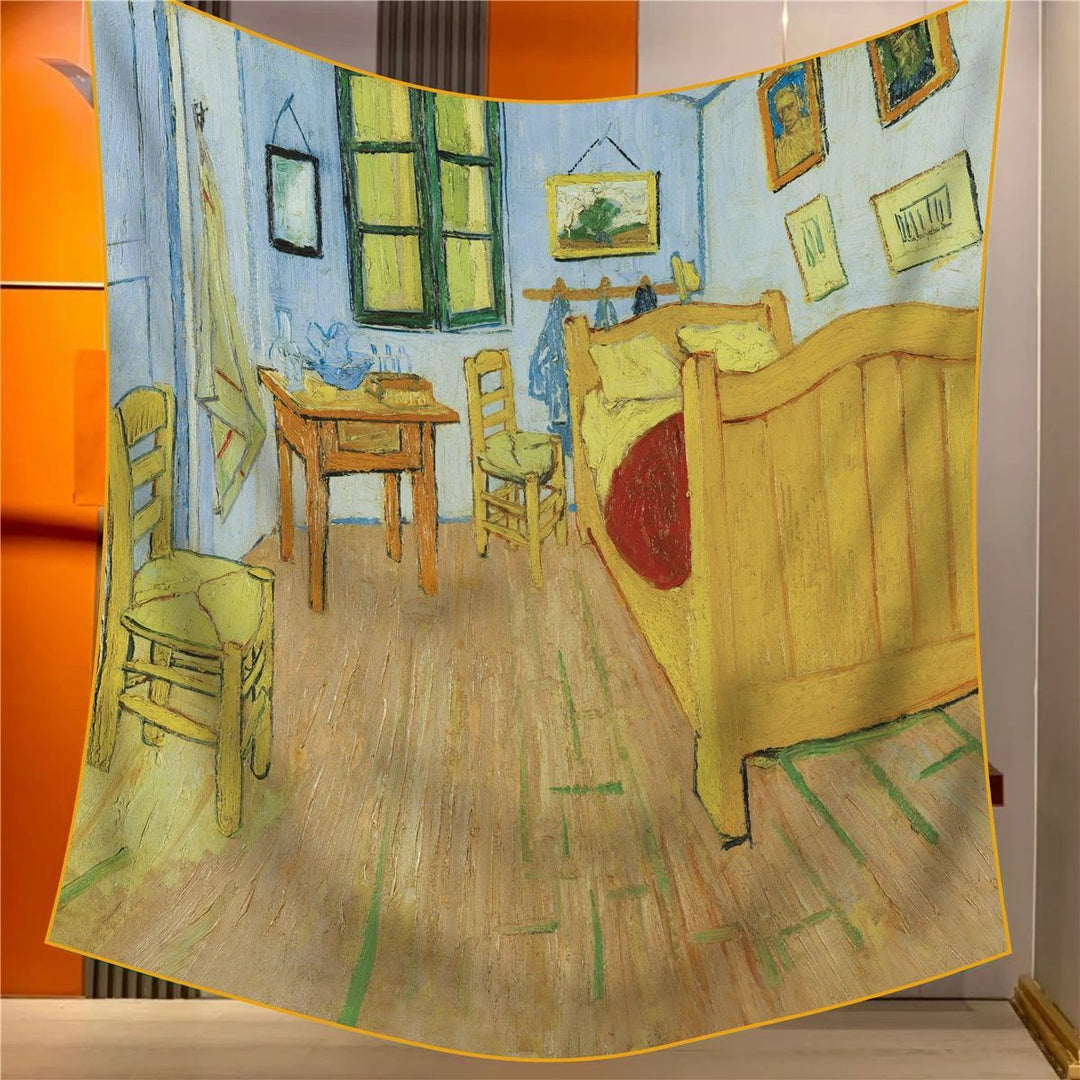 Bedroom Elegant Artistry Shawl - Large 130cm Square Scarf with Oil Painting Print & Hand-Rolled Hem