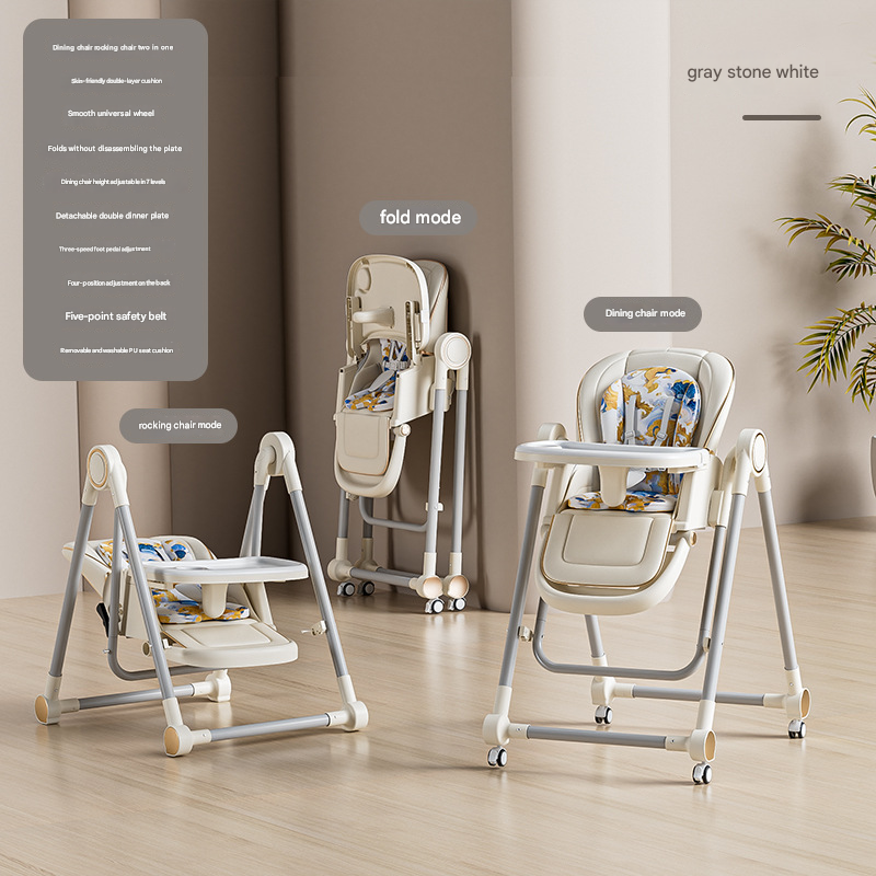 Grey stone white 3-in-1 Convertible Baby High Chair - Adjustable, Foldable Feeding Seat with Rocking Function and Wheels
