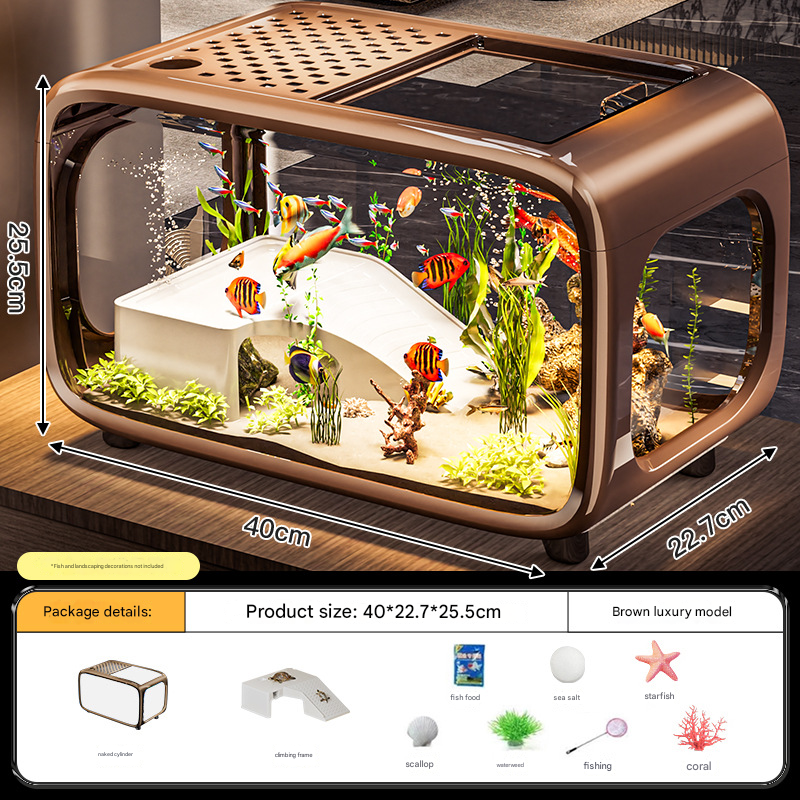 Brown Modern Desktop Aquarium & Turtle Tank - Panoramic Viewing Fish Tank with Basking Platform & Lid