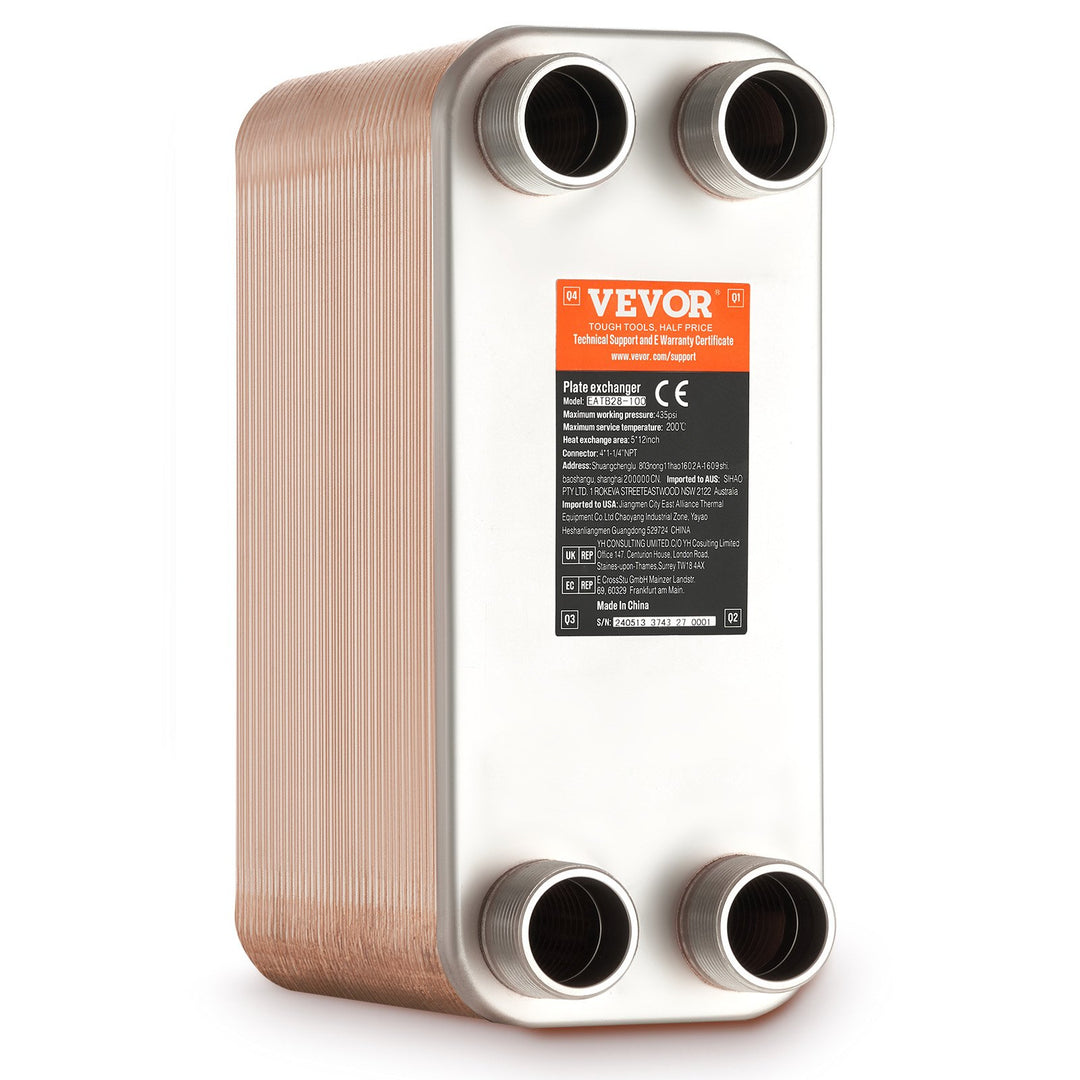 VEVOR Heat Exchanger, 5"x 12" 80 Plates Brazed Plate Heat Exchanger, Copper/316L Stainless Steel Water To Water Heat Exchanger For Floor Heating, Water Heating, Snow Melting, Beer Cooling