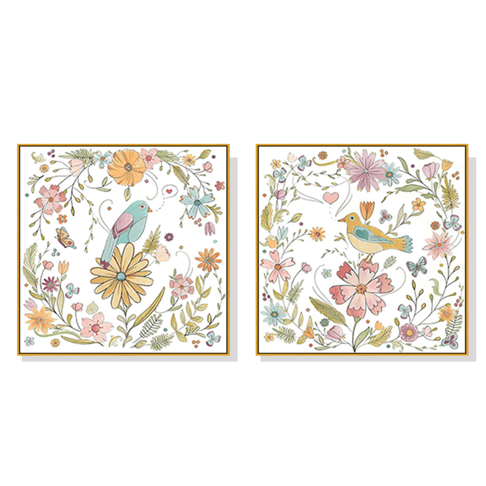 Wall Art 100cmx100cm Floral birds 2 Sets Gold Frame Canvas