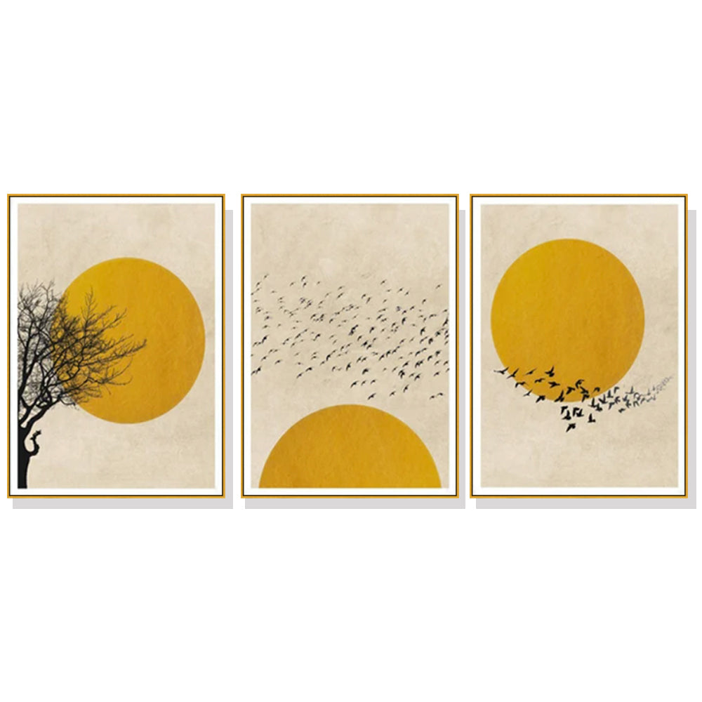 Wall Art 70cmx100cm Flock Of Birds Sun Silhouette 3 Sets Gold Frame Canvas