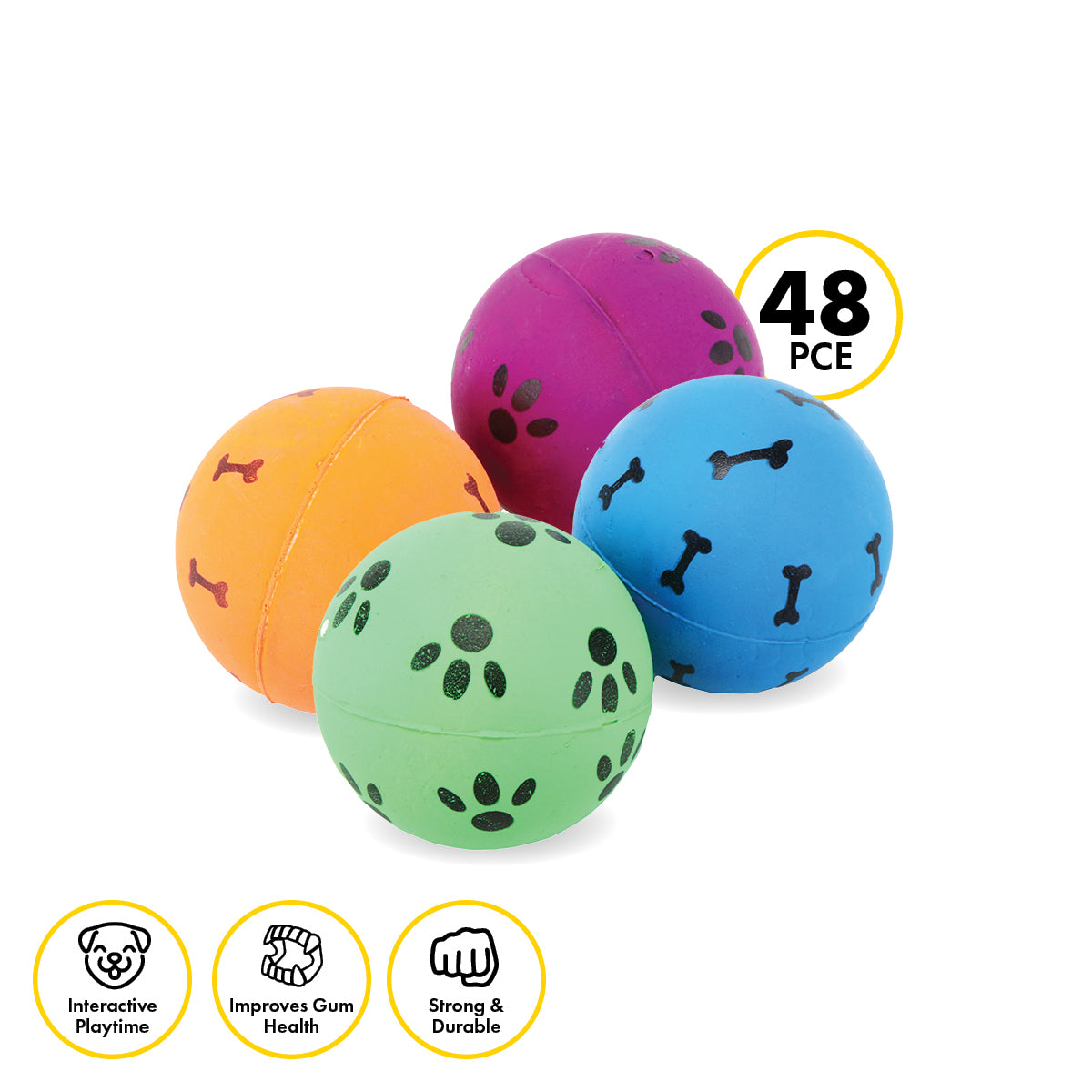 Pet Basic 48PCE Rubber Fetch Balls Durable Paw & Bone Printed 5.7cm
