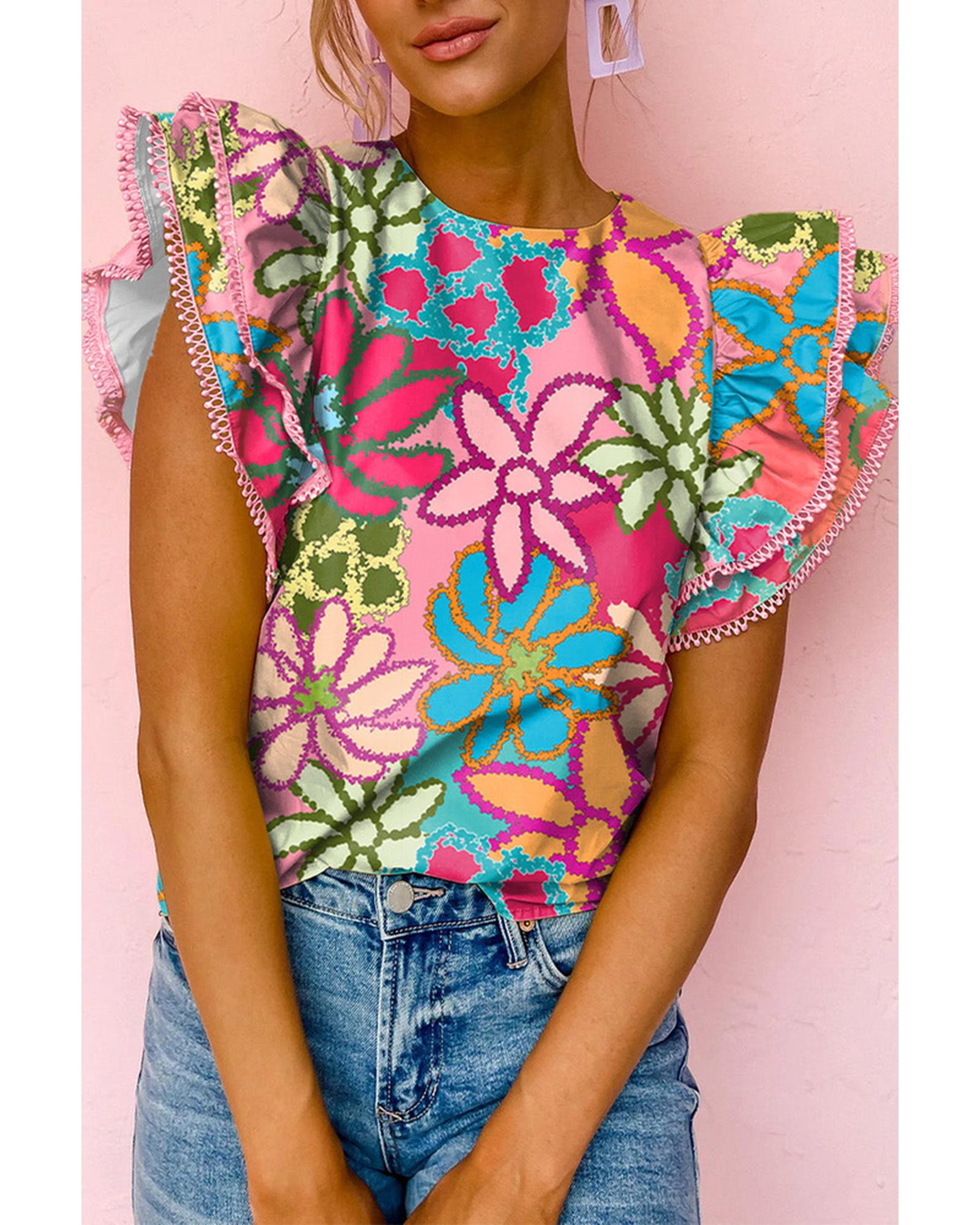 Azura Exchange Vibrant Floral Print Ruffle Sleeve Blouse - M