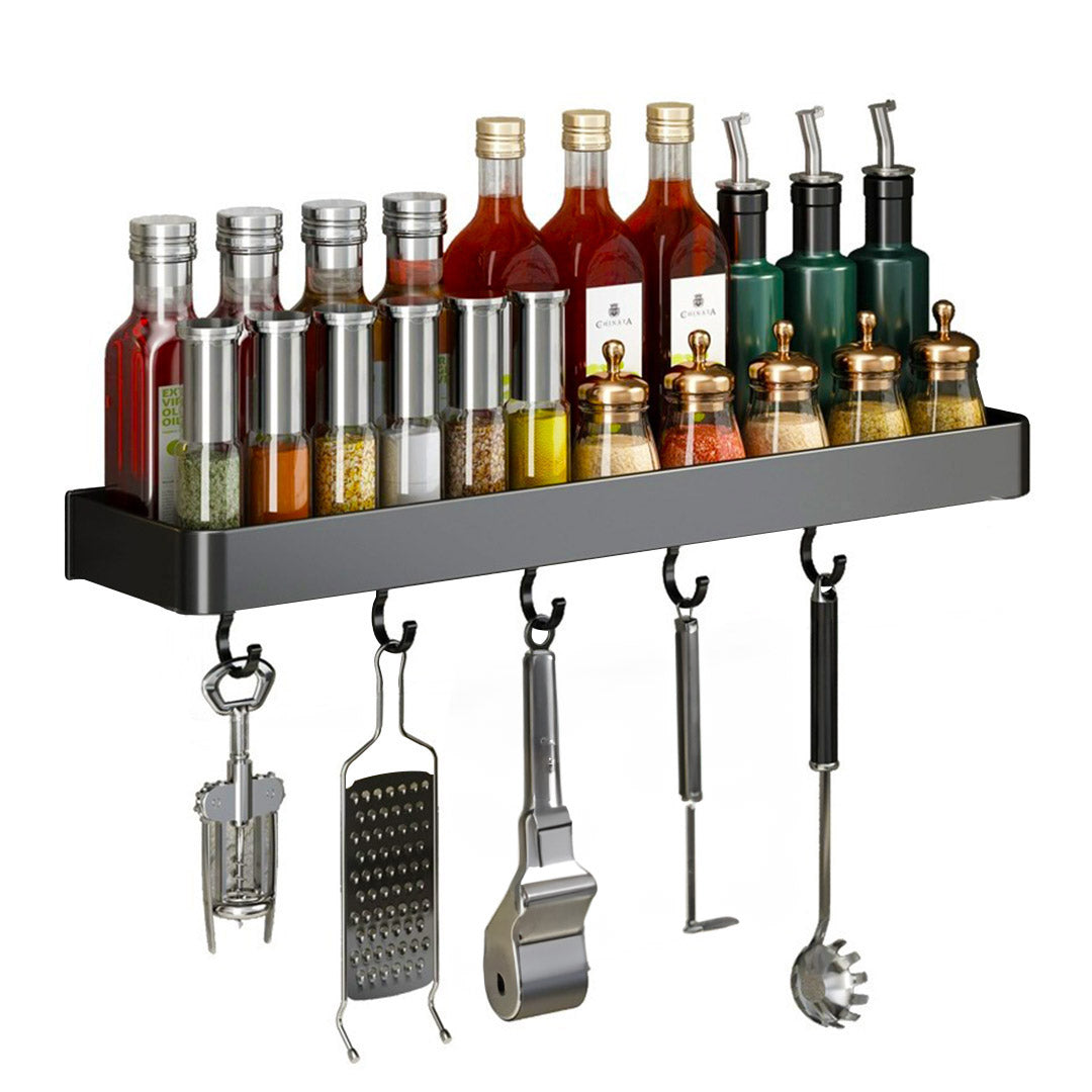 SOGA 50cm Black Wall-Mounted Rectangular Kitchen Spice Storage Organiser Space Saving Condiments Shelf Rack with Hooks