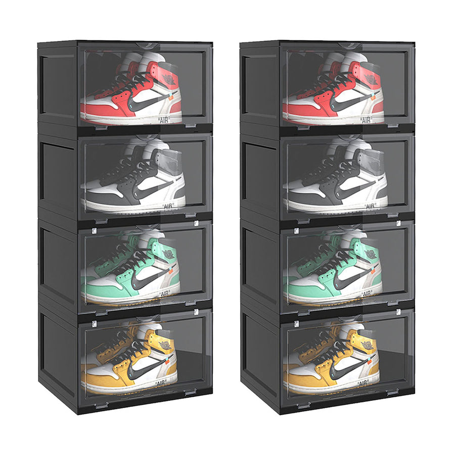 SOGA 2X 4 Tier Black Portable Shoe Organiser Sneaker Footwear Folding Plastic Bin Stackable Storage Box with Magnetic Door