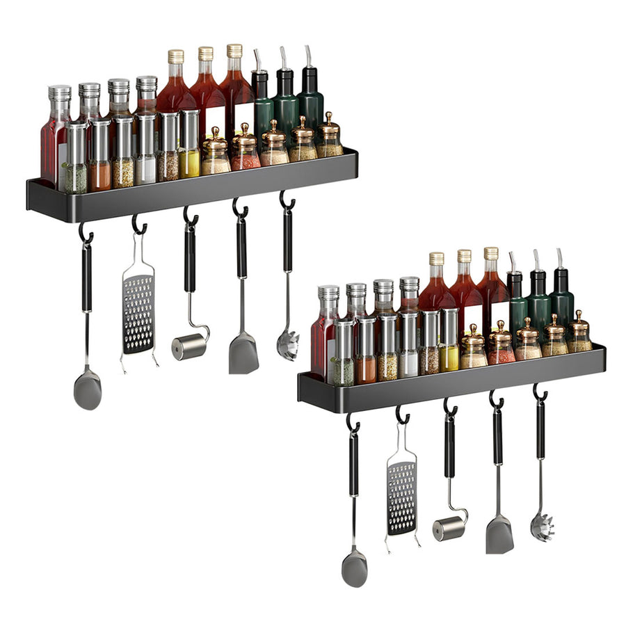 SOGA 2X 30cm Black Wall-Mounted Rectangular Kitchen Spice Storage Organiser Space Saving Condiments Shelf Rack with Hooks