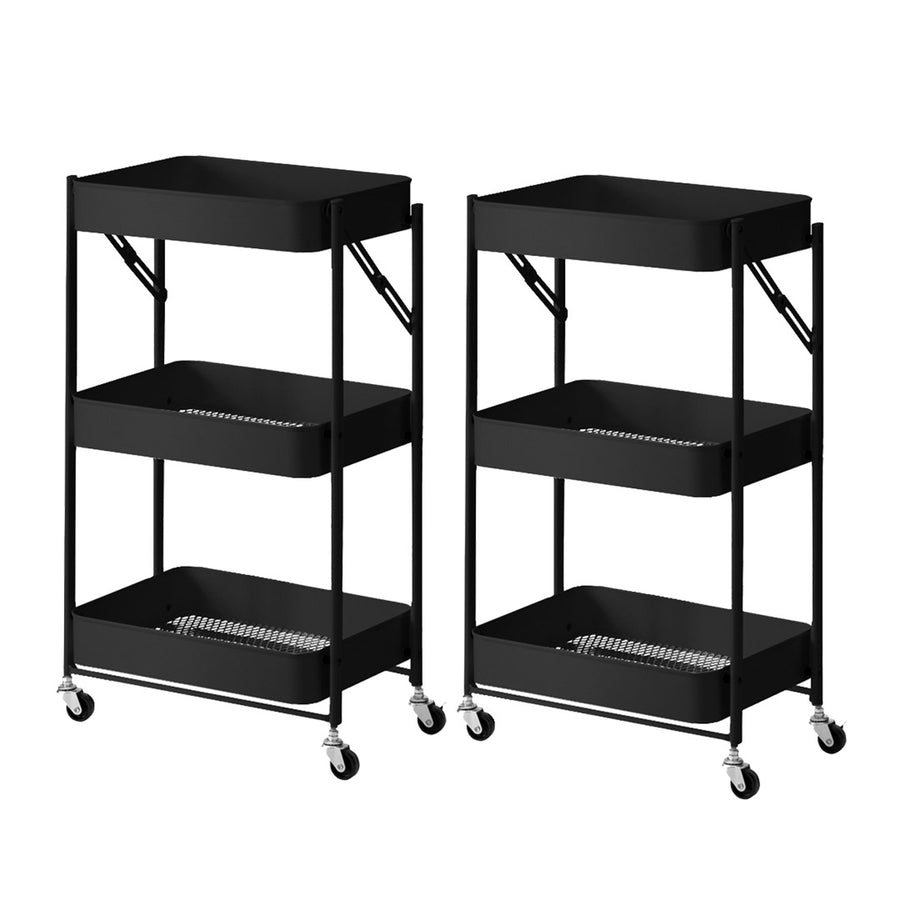 SOGA 2X 3 Tier Steel Black Foldable Kitchen Cart Multi-Functional Shelves Portable Storage Organizer with Wheels