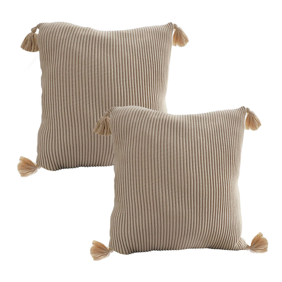 SOGA 2X 45cm Off-White Wabi-Sabi Raised Pillow Cotton Striped Large Tassel Square Pillow Throw Pillow
