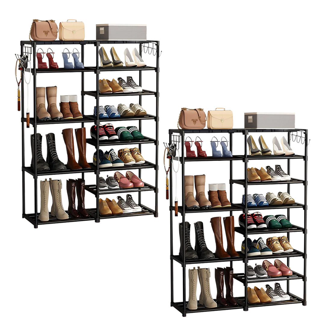 SOGA 2X 12-Shelf Tier Shoe Storage Shelf Space-Saving Caddy Rack Organiser with Side Hooks Black