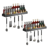 SOGA 2X 40cm Black Wall-Mounted Rectangular Kitchen Spice Storage Organiser Space Saving Condiments Shelf Rack with Hooks