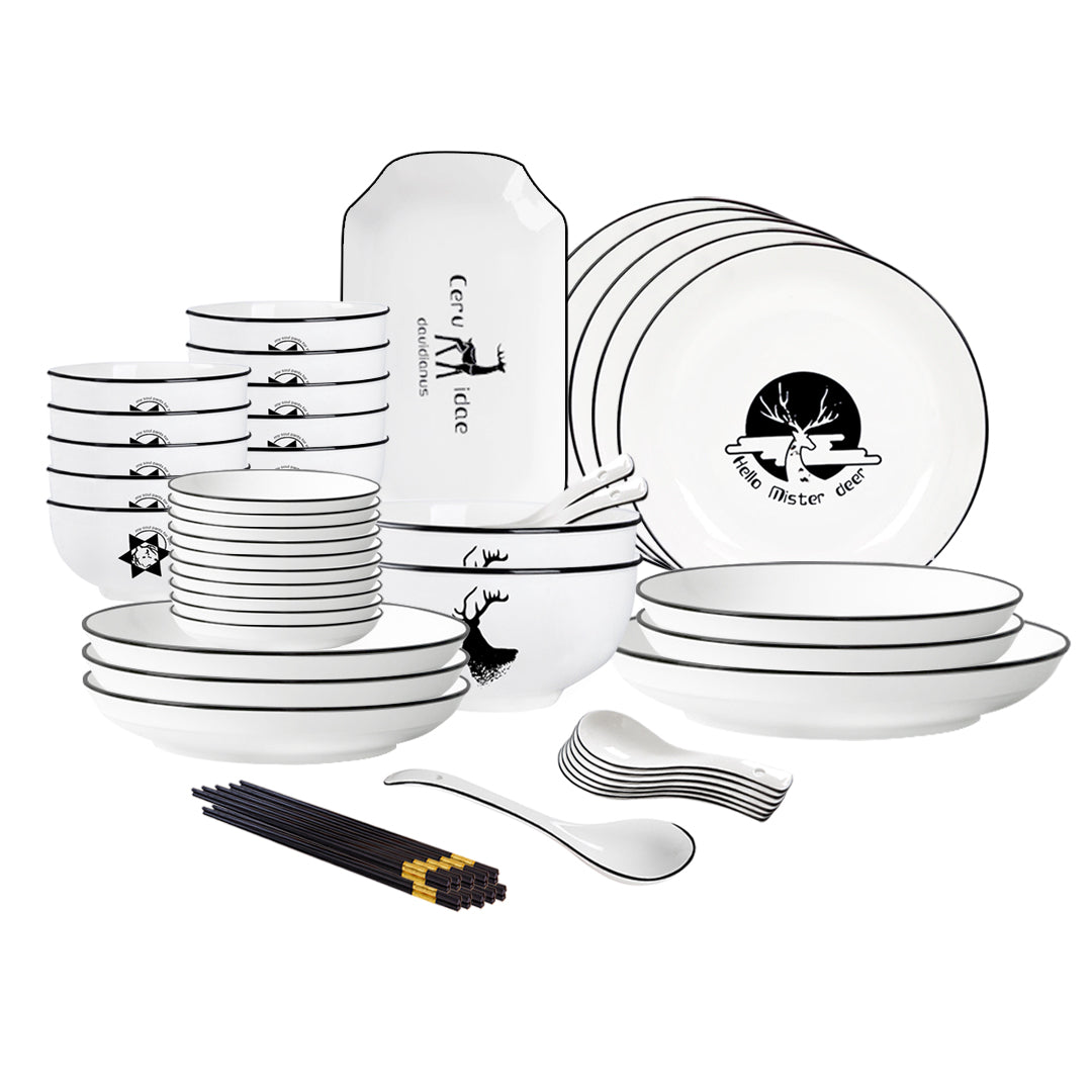 SOGA White Antler Printed Ceramic Dinnerware Set Crockery Soup Bowl Plate Server Kitchen Home Decor Set of 34 34