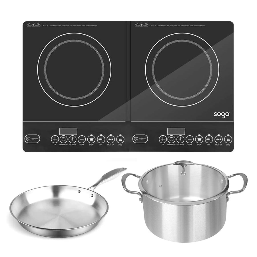 SOGA Dual Burners Cooktop Stove 28cm Stainless Steel Induction Casserole and 28cm Fry Pan