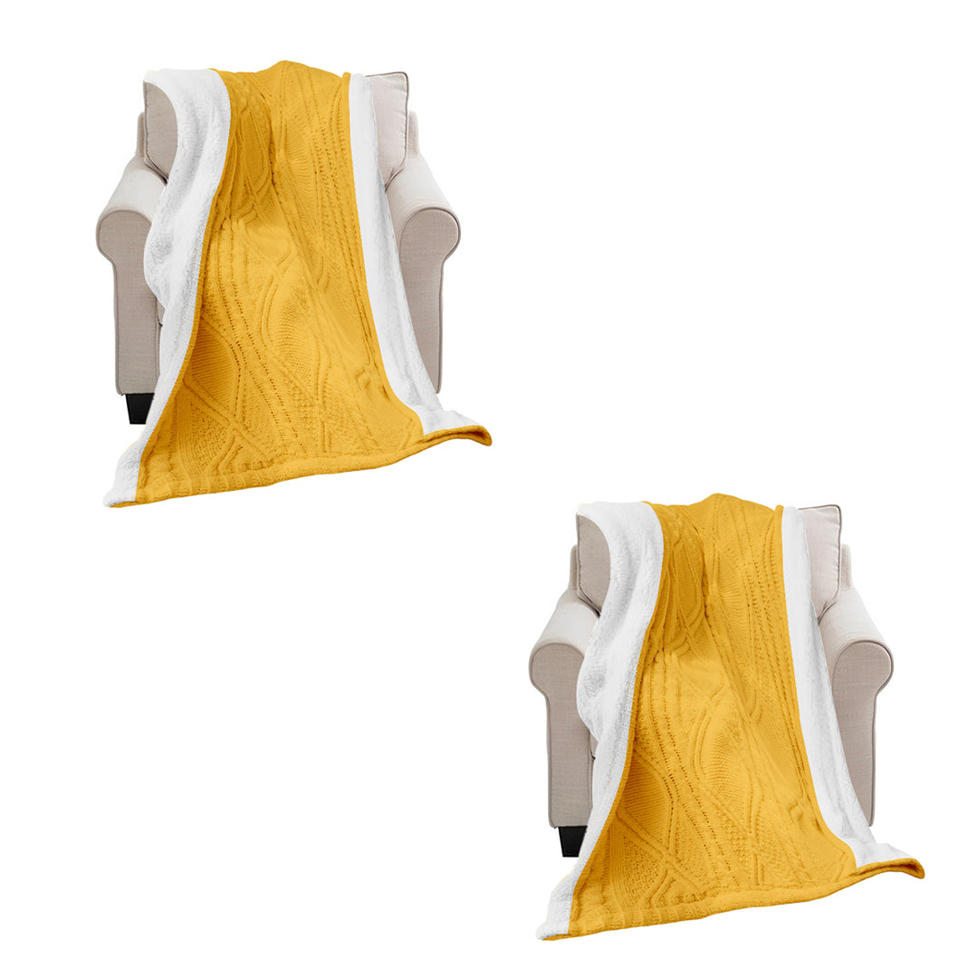 SOGA 2X 200X230cm Throw Blanket Yellow and White Chenille Fleece Knitted Fabric on One Side Soft Suede