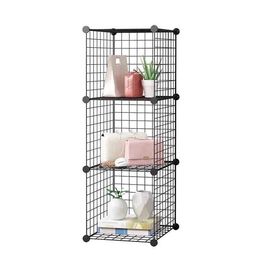 SOGA Black Portable 3 Tier Cube Storage Organiser Foldable DIY Modular Grid Space Saving Shelf
