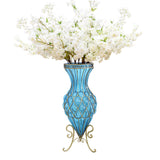 SOGA 67cm Blue Glass Tall Floor Vase with 10pcs White Artificial Fake Flower Set
