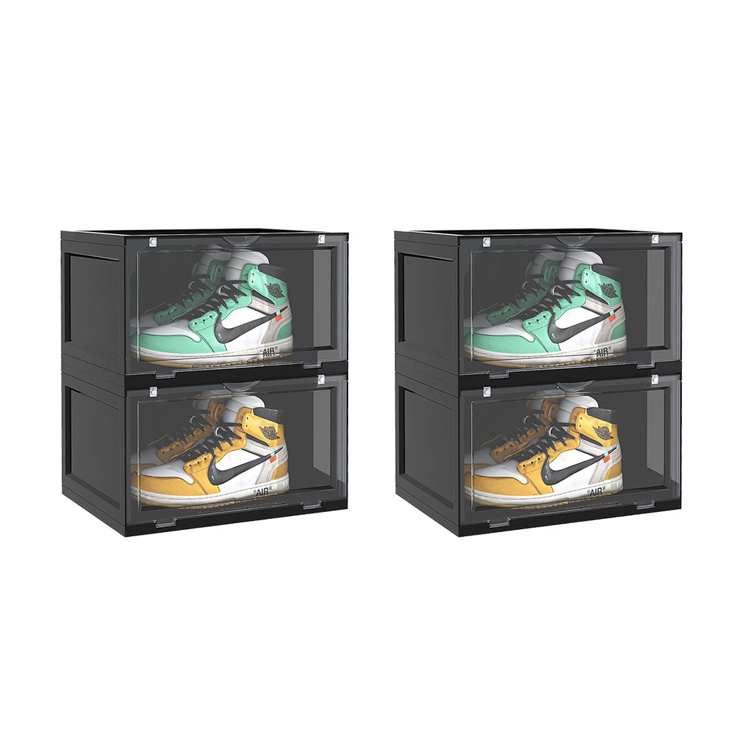 SOGA 2X 2 Tier Black Portable Shoe Organiser Sneaker Footwear Folding Plastic Bin Stackable Storage Box with Magnetic Door