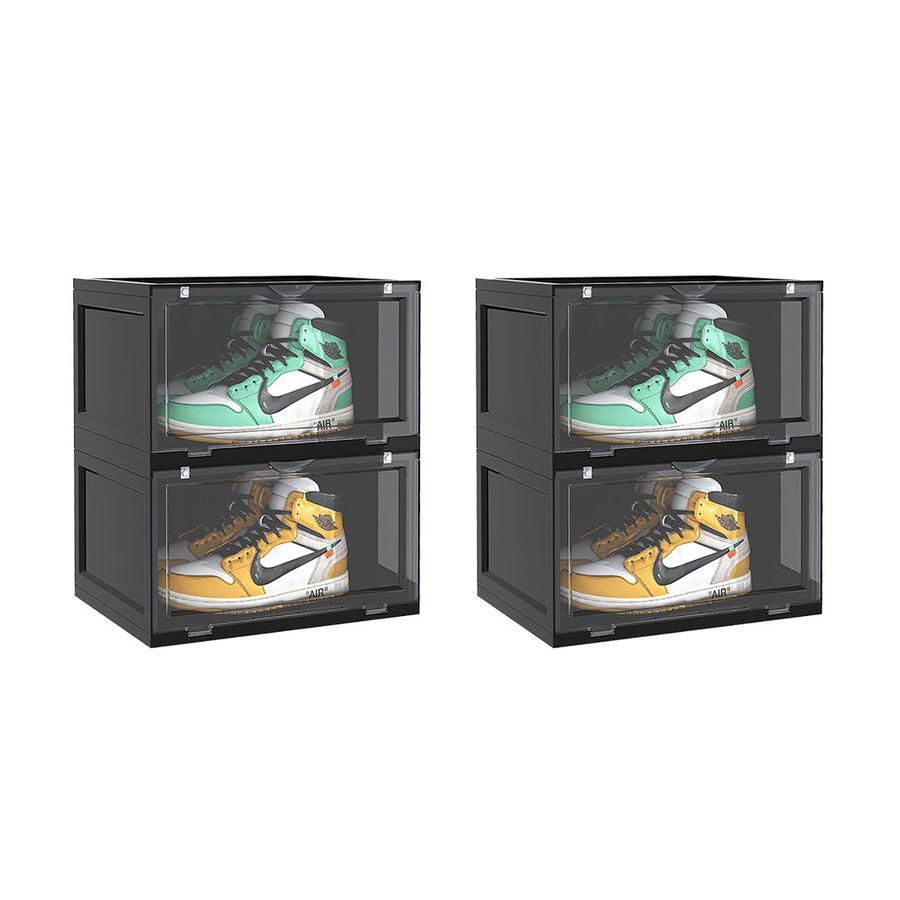 SOGA 2X 2 Tier Black Portable Shoe Organiser Sneaker Footwear Folding Plastic Bin Stackable Storage Box with Magnetic Door