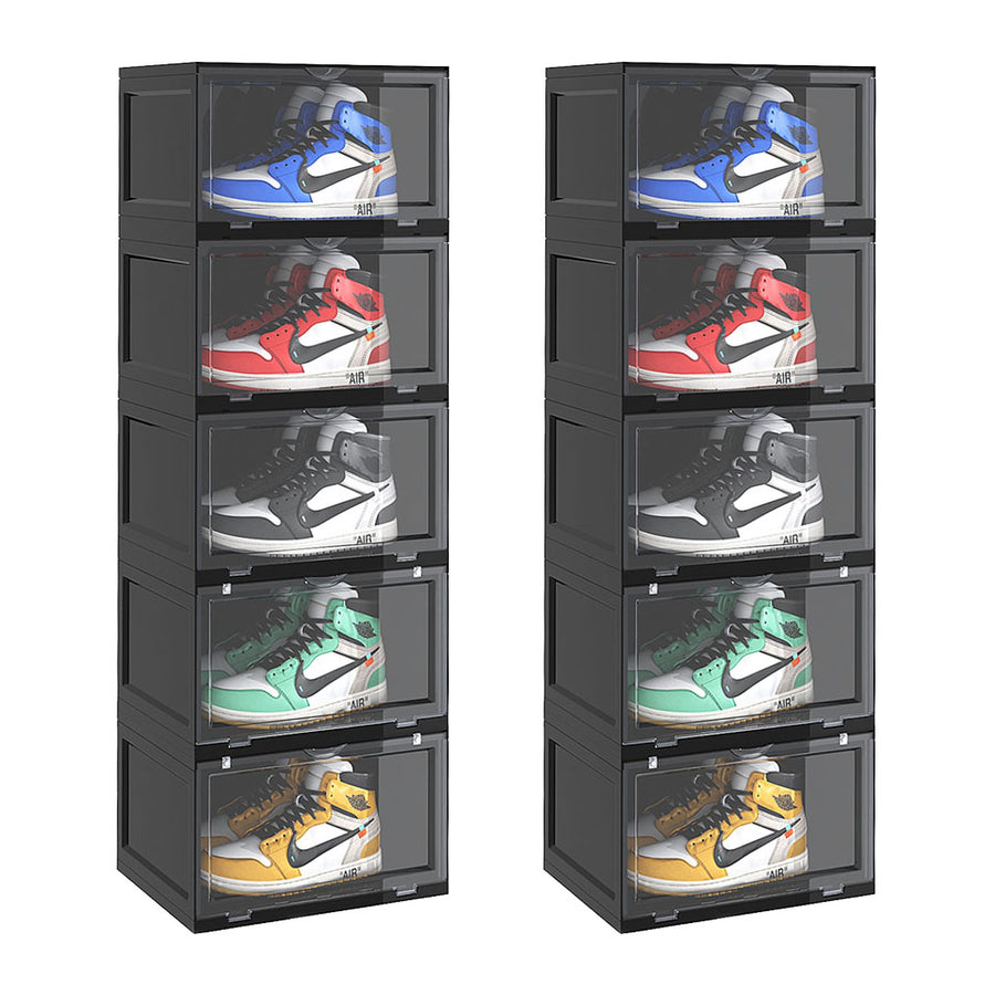 SOGA 2X 5 Tier Black Portable Shoe Organiser Sneaker Footwear Folding Plastic Bin Stackable Storage Box with Magnetic Door