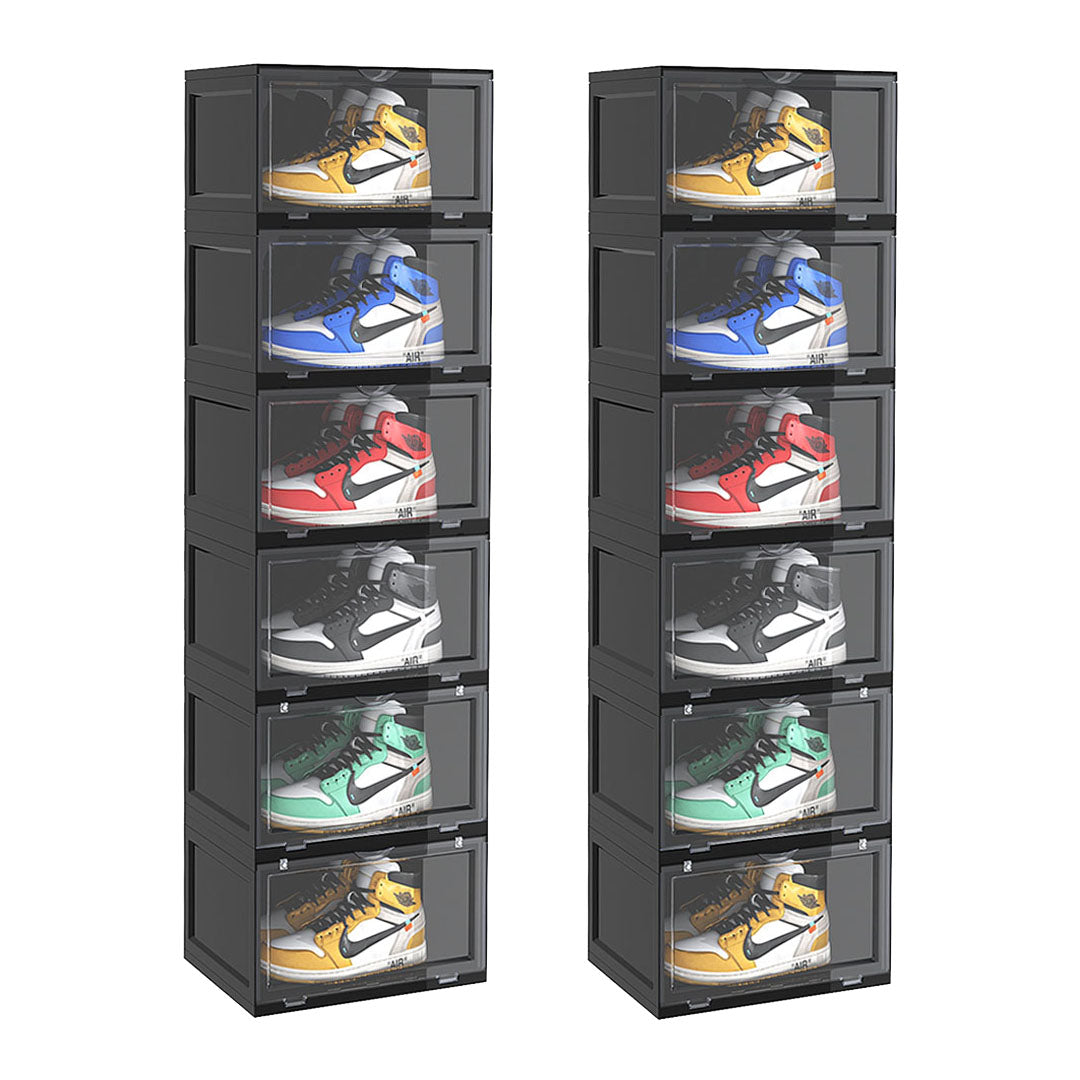 SOGA 2X 6 Tier Black Portable Shoe Organiser Sneaker Footwear Folding Plastic Bin Stackable Storage Box with Magnetic Door