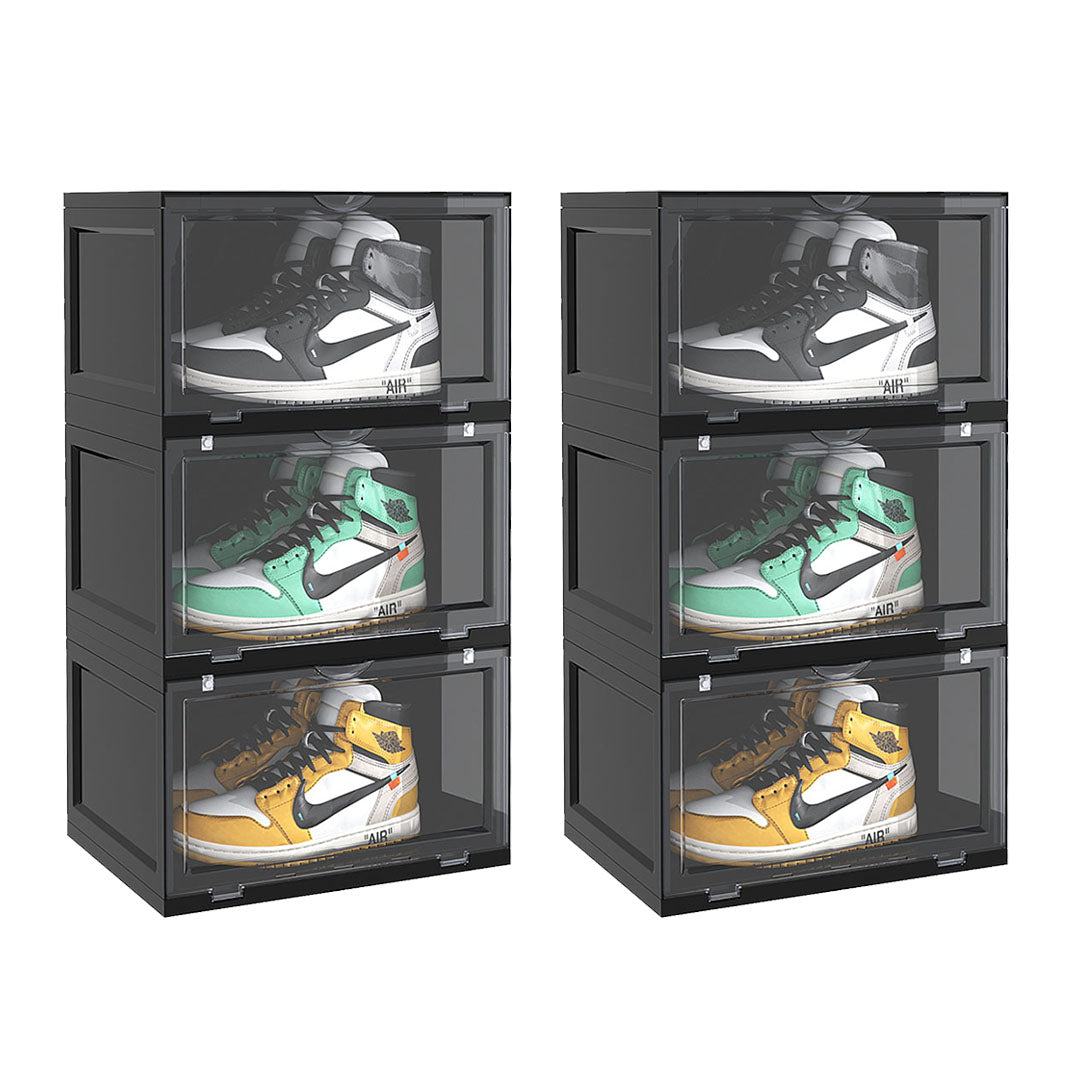 SOGA 2X 3 Tier Black Portable Shoe Organiser Sneaker Footwear Folding Plastic Bin Stackable Storage Box with Magnetic Door