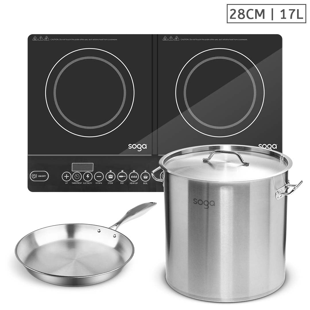 SOGA Dual Burners Cooktop Stove, 17L Stainless Steel Stockpot and 28cm Induction Fry Pan
