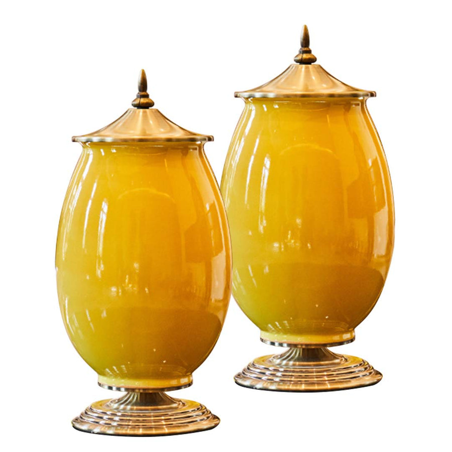 SOGA 2X 40cm Ceramic Oval Flower Vase with Gold Metal Base Yellow