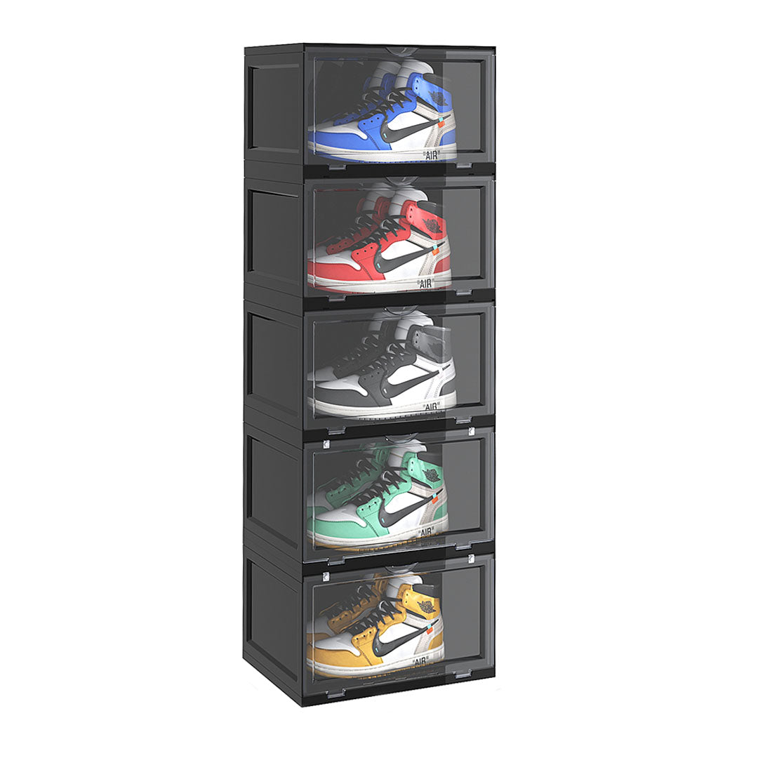 SOGA 5 Tier Black Portable Shoe Organiser Sneaker Footwear Folding Plastic Bin Stackable Storage Box with Magnetic Door