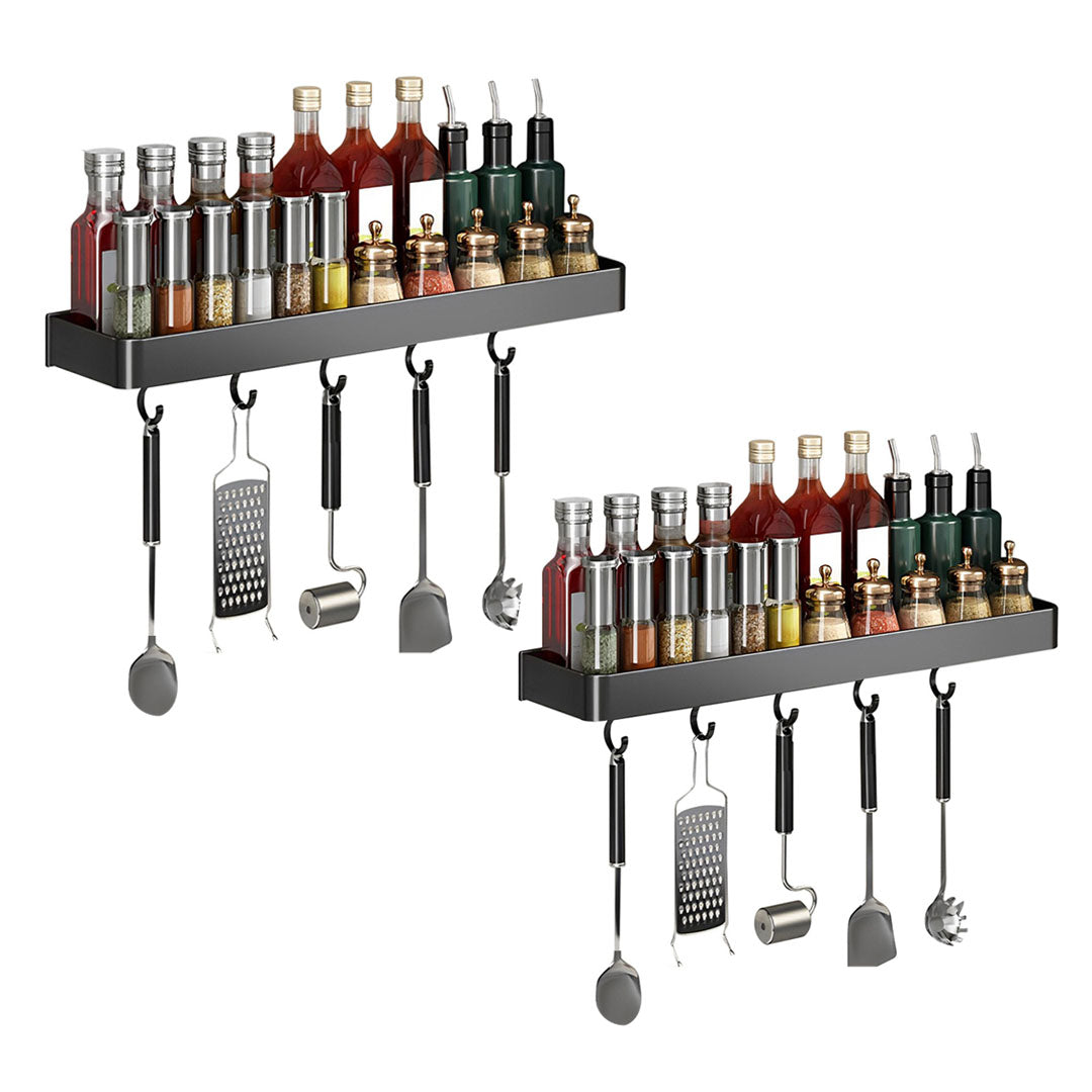SOGA 2X 40cm Black Wall-Mounted Rectangular Kitchen Spice Storage Organiser Space Saving Condiments Shelf Rack with Hooks