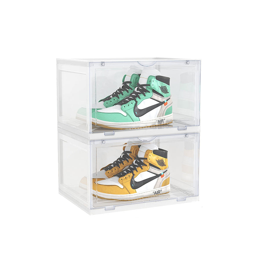 SOGA 2 Tier Transparent Portable Shoe Organiser Sneaker Footwear Folding Plastic Bin Stackable Storage Box with Magnetic Door