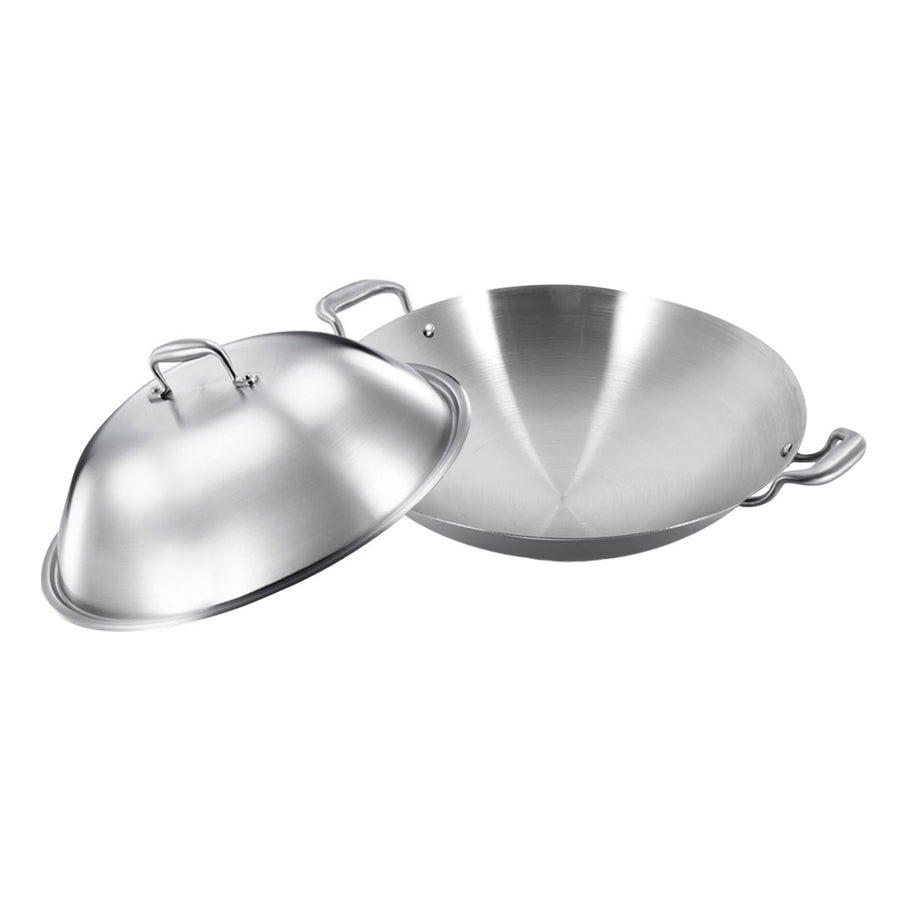 SOGA 3-Ply 42cm Stainless Steel Double Handle Wok Frying Fry Pan Skillet with Lid