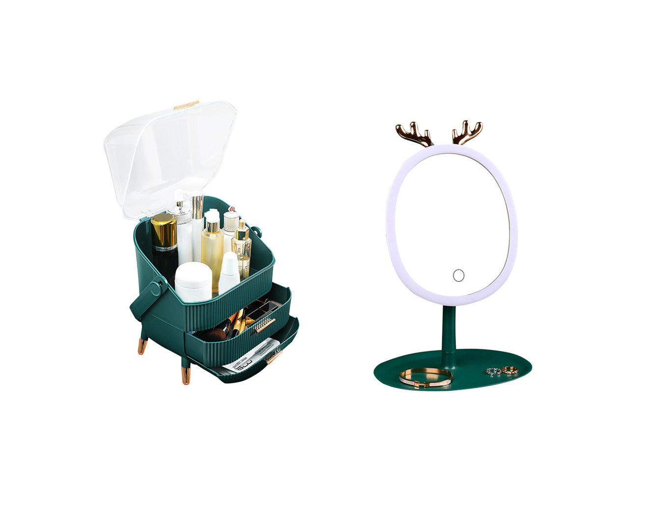 SOGA Green Cosmetic Jewelry Storage Organiser with Antler LED Light Mirror Tabletop Vanity Set