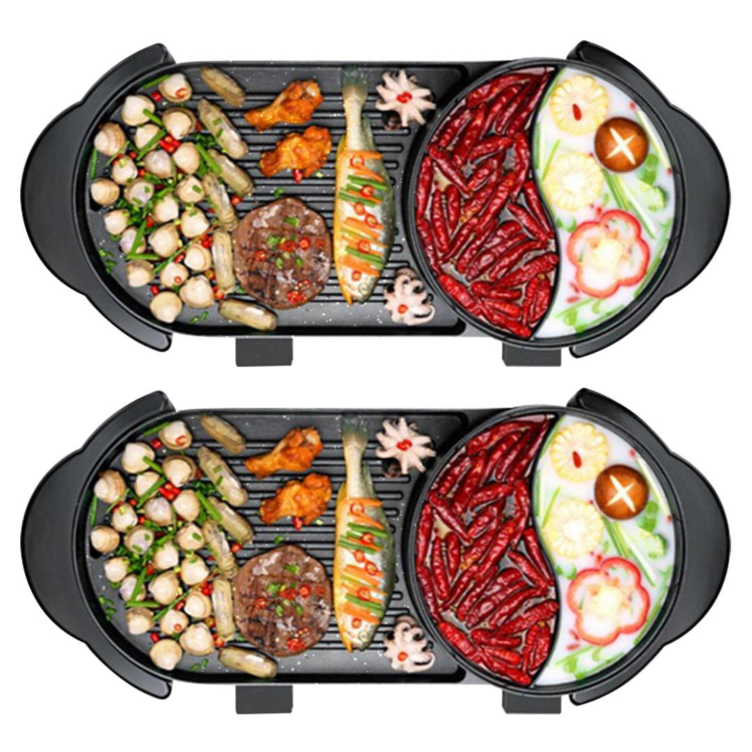 SOGA 2X 2  in 1 Electric Non-Stick BBQ Teppanyaki Grill Plate Steamboat Hotpot 2-8 Person Person
