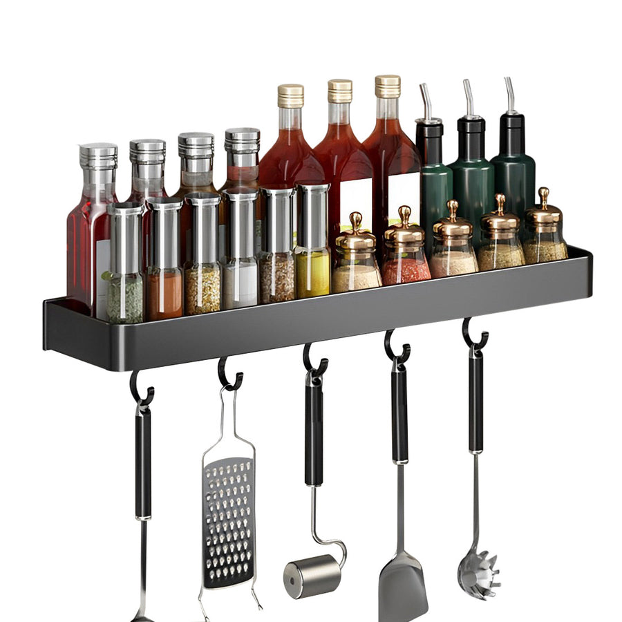 SOGA 30cm Black Wall-Mounted Rectangular Kitchen Spice Storage Organiser Space Saving Condiments Shelf Rack with Hooks