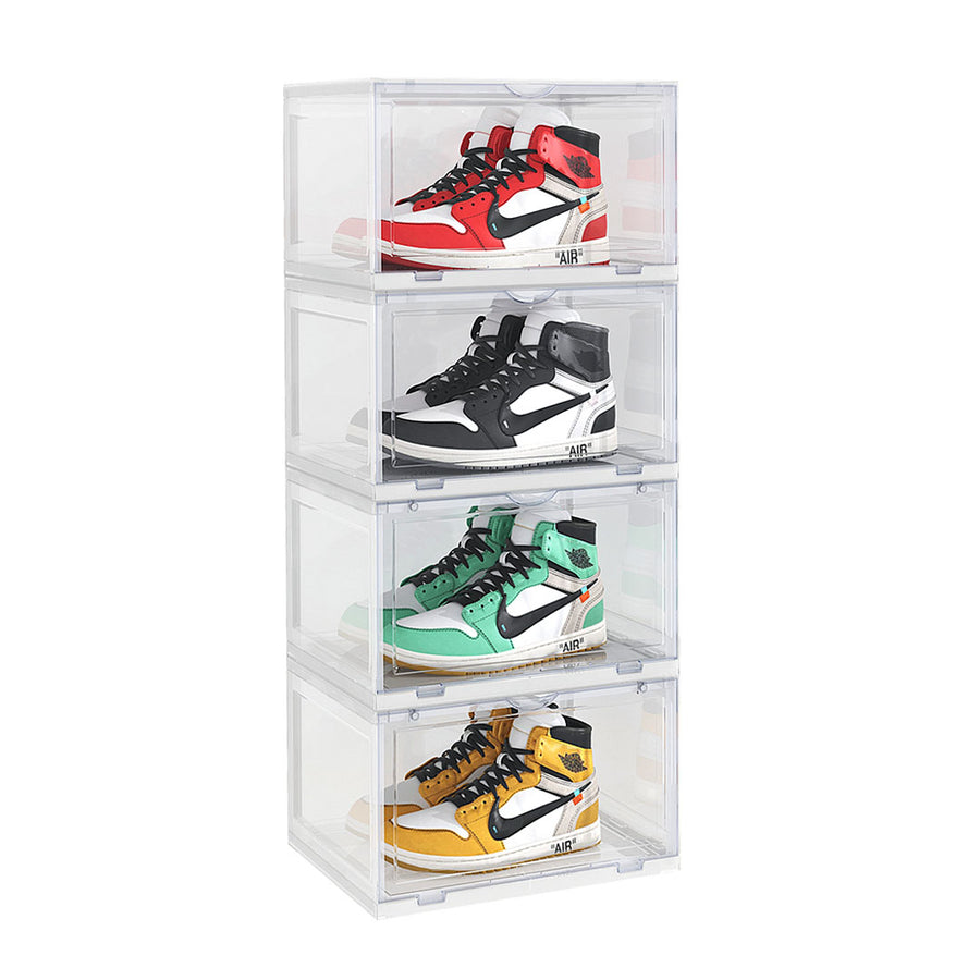 SOGA 4 Tier Transparent Portable Shoe Organiser Sneaker Footwear Folding Plastic Bin Stackable Storage Box with Magnetic Door