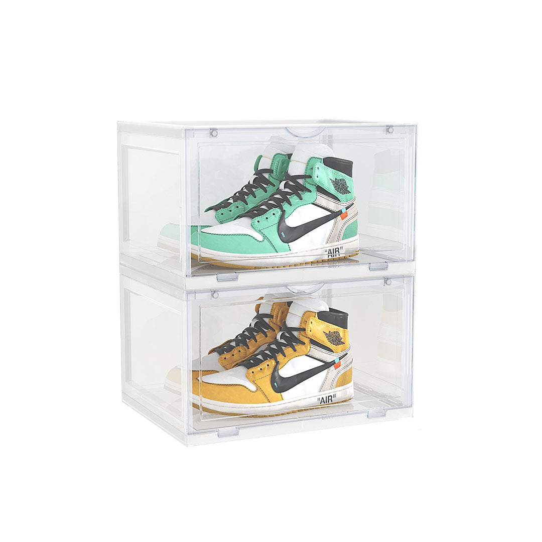 SOGA 2 Tier Transparent Portable Shoe Organiser Sneaker Footwear Folding Plastic Bin Stackable Storage Box with Magnetic Door