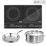 SOGA Dual Burners Cooktop Stove, 17L Stainless Steel Stockpot 28cm and 30cm Induction Fry Pan