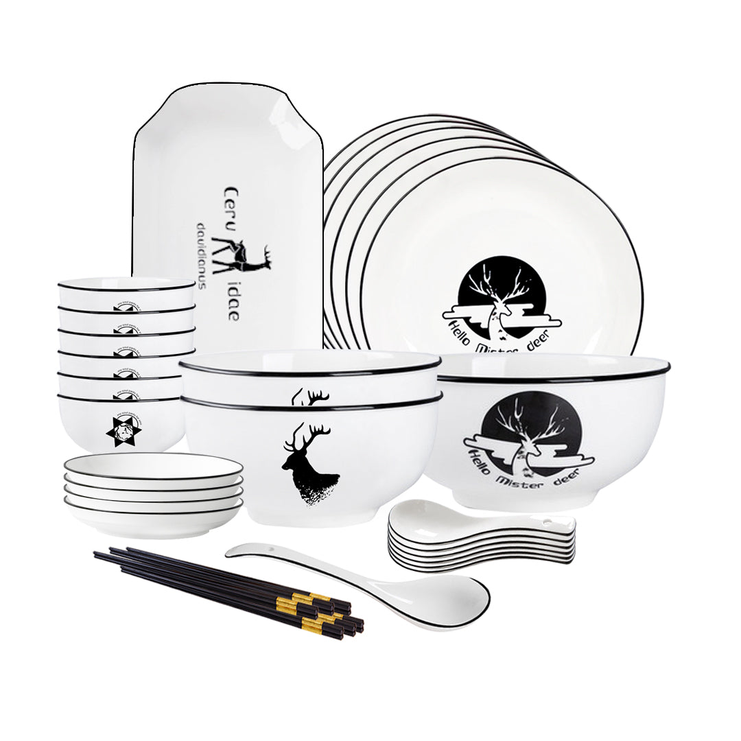 SOGA White Antler Printed Ceramic Dinnerware Set Crockery Soup Bowl Plate Server Kitchen Home Decor Set of 20 20