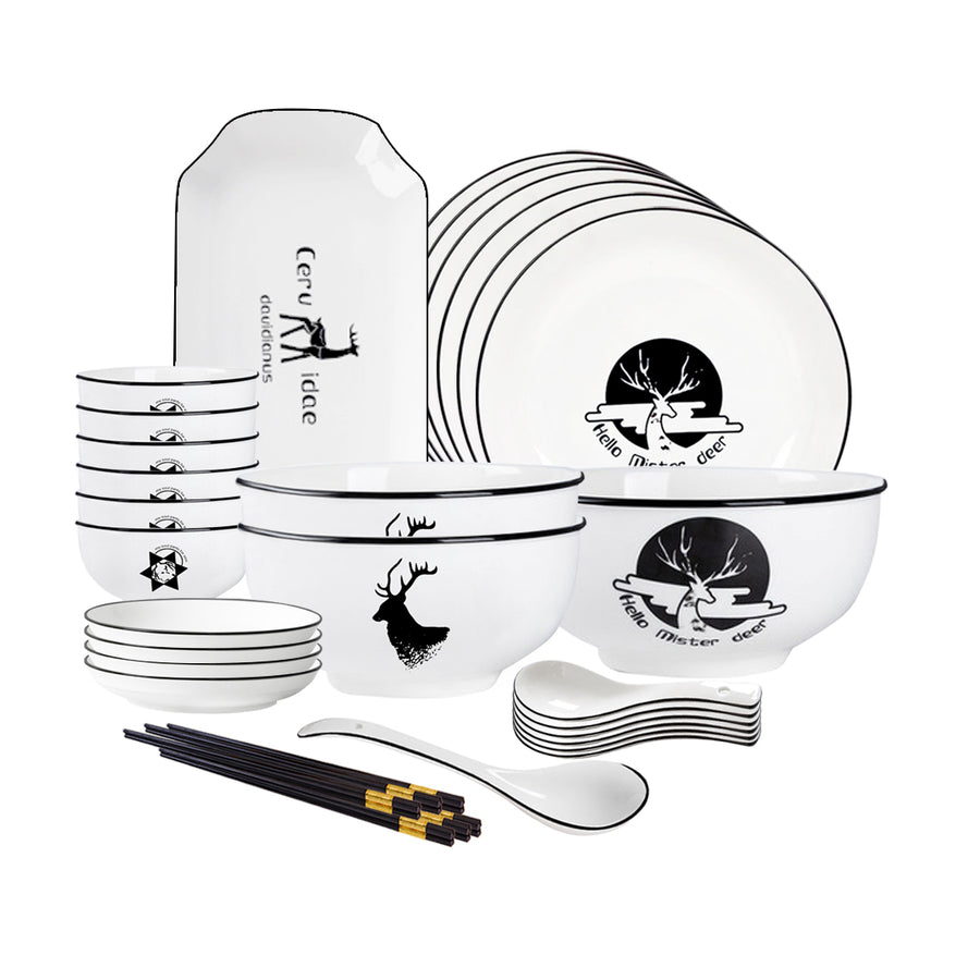 SOGA White Antler Printed Ceramic Dinnerware Set Crockery Soup Bowl Plate Server Kitchen Home Decor Set of 20 20