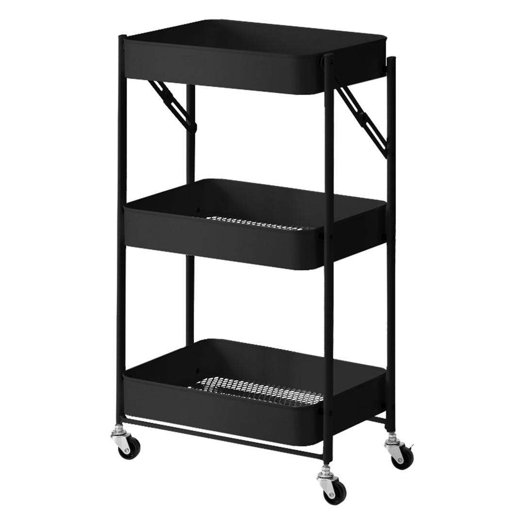SOGA 3 Tier Steel Black Foldable Kitchen Cart Multi-Functional Shelves Portable Storage Organizer with Wheels Wheels