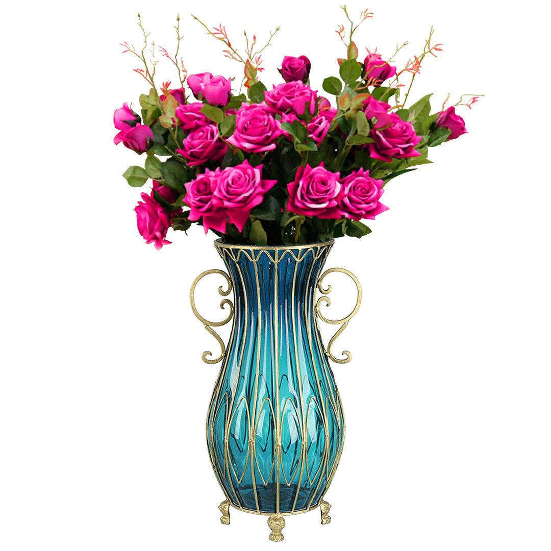 SOGA 51cm Blue Glass Tall Floor Vase with 12pcs Artificial Fake Flower Set Set