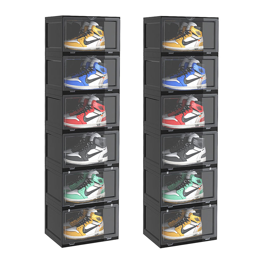 SOGA 2X 6 Tier Black Portable Shoe Organiser Sneaker Footwear Folding Plastic Bin Stackable Storage Box with Magnetic Door