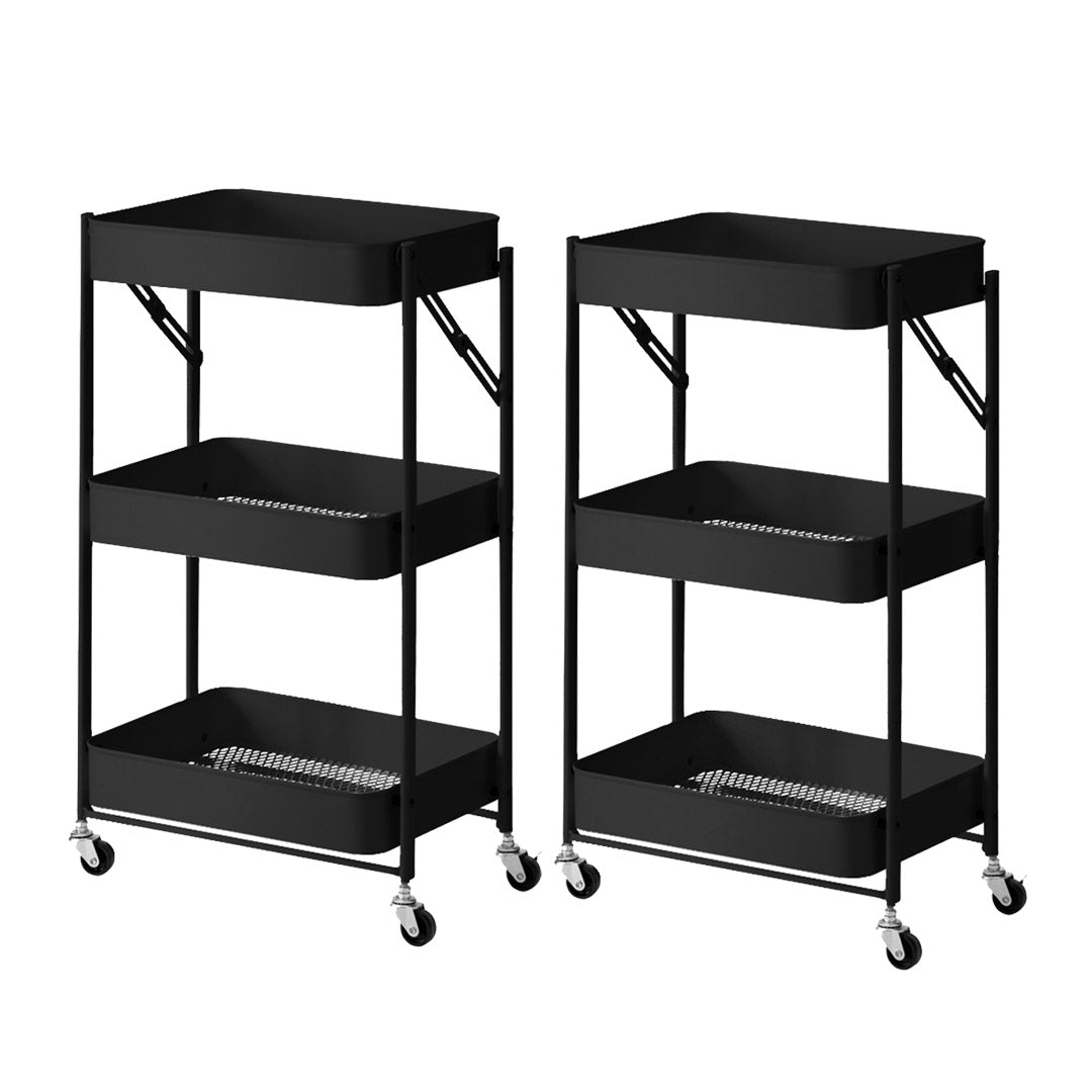 SOGA 2X 3 Tier Steel Black Foldable Kitchen Cart Multi-Functional Shelves Portable Storage Organizer with Wheels Wheels