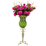 SOGA 85cm Green Glass Tall Floor Vase and 12pcs Dark Pink Artificial Fake Flower Set